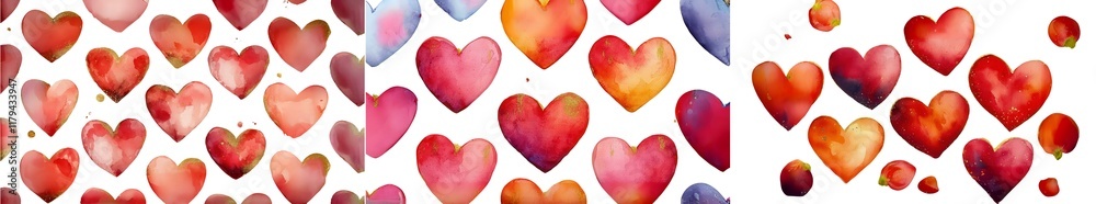Fototapeta premium 3D Watercolor Valentine's Day Concepts, vibrant array of watercolor hearts in various shades, symbolizing love and affection. Ideal for romantic themes and celebrations.