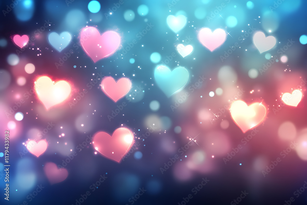 Glowing wireframe a dreamy bokeh effect with pink heart shapes on a dark blurred background, highlighted by a combination of blue and black data points romantic atmosphere Glowing wireframe a dreamy bokeh effect with pink heart shapes on a dark blurred background, highlighted by a combination of blue and black data points romantic atmosphere