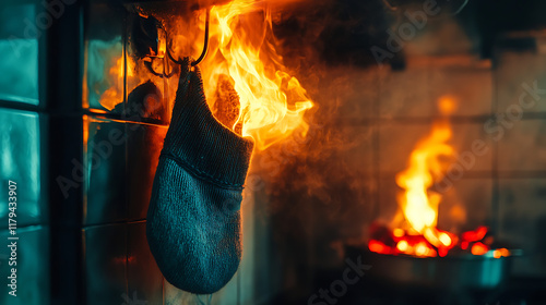 A kitchen scene with a burning oven mitt and flames in the background.
