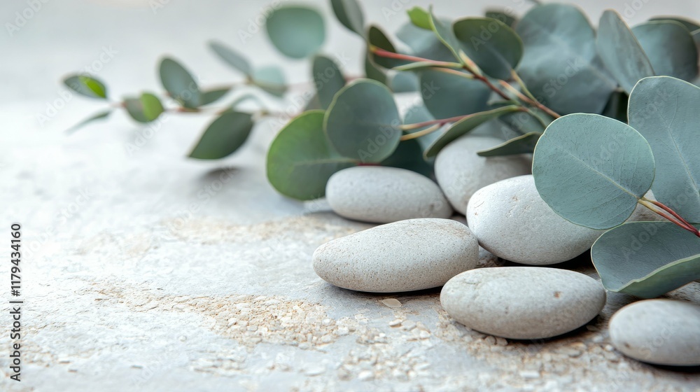 Elegant Arrangement of Smooth Stones and Eucalyptus Leaves for a Serene Natural Aesthetic Elegant Arrangement of Smooth Stones and Eucalyptus Leaves for a Serene Natural Aesthetic