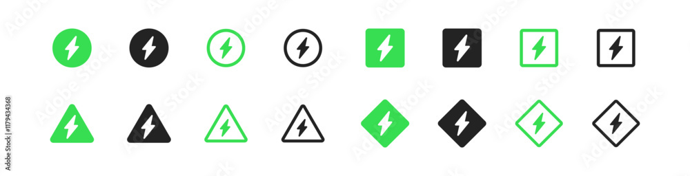 Green lightning charge icon set. Thunder flash symbol in triangle, rhombus, square, circle shape thunderbolt set in vector flat style.
