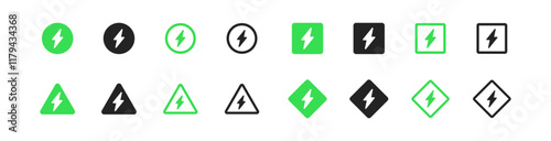 Green lightning charge icon set. Thunder flash symbol in triangle, rhombus, square, circle shape thunderbolt set in vector flat style.