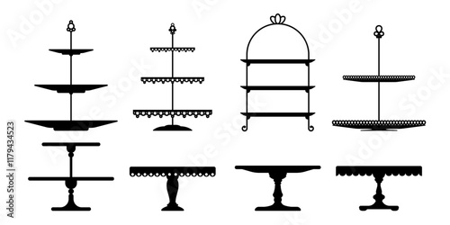 Cake or pie platter, stand and tray silhouettes. Vector set of elegant black monochrome tables or tea plates for displaying fruits and desserts during festive events, celebrations, wedding ceremonies
