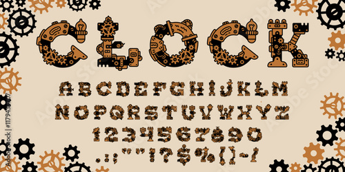 Steampunk gear font, mechanic type, machine typography typeface, fantasy English alphabet with intricate details evokes fantasy and industrial vibes. Vector creative abc letters, symbols and numbers