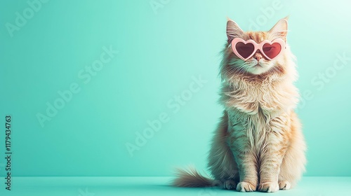 Adorable Fluffy Cat Wearing Heart-Shaped Sunglasses: A Fashionable and Whimsical Feline Portrait in Vibrant Style