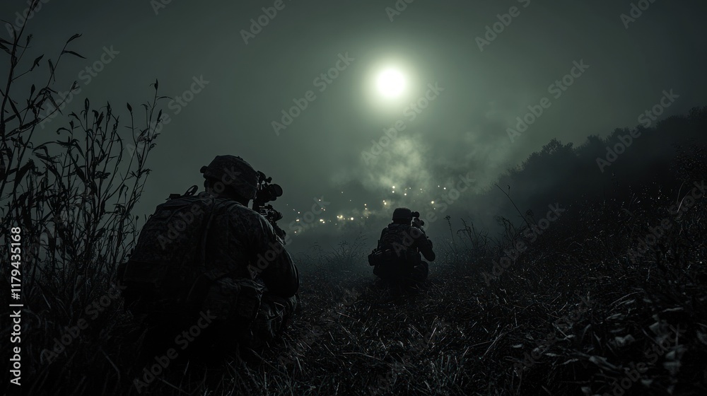 Soldiers conduct night reconnaissance in a smoky landscape under a full moon. Generative AI Soldiers conduct night reconnaissance in a smoky landscape under a full moon. Generative AI