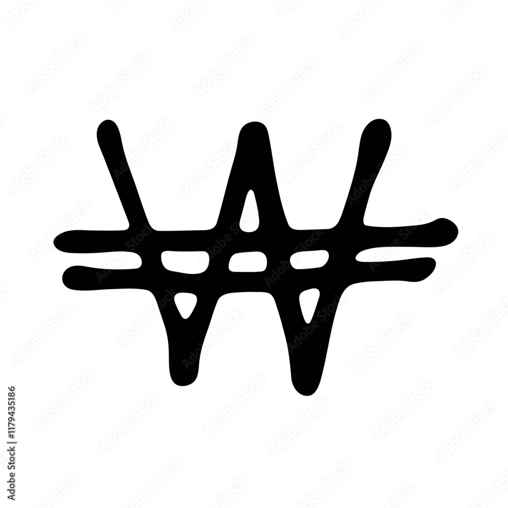 Hand drawn won currency symbol. Brush stroke doodle. Single element for design Hand drawn won currency symbol. Brush stroke doodle. Single element for design