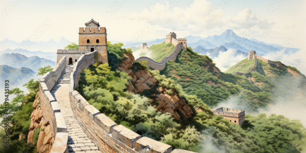Fototapeta premium stunning watercolor of Great Wall of China winding through lush mountains