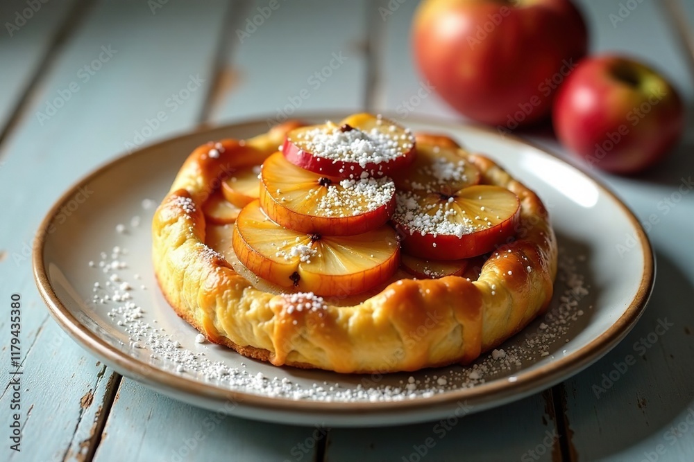 A golden-brown pastry topped with caramelized apples and sugar on a simple plate, sugar, rustic charm A golden-brown pastry topped with caramelized apples and sugar on a simple plate, sugar, rustic charm