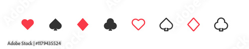 Playing cards spade, club, diamond, suit simple icon set. Line, black and red casino sign and poker game symbol in vector flat style.