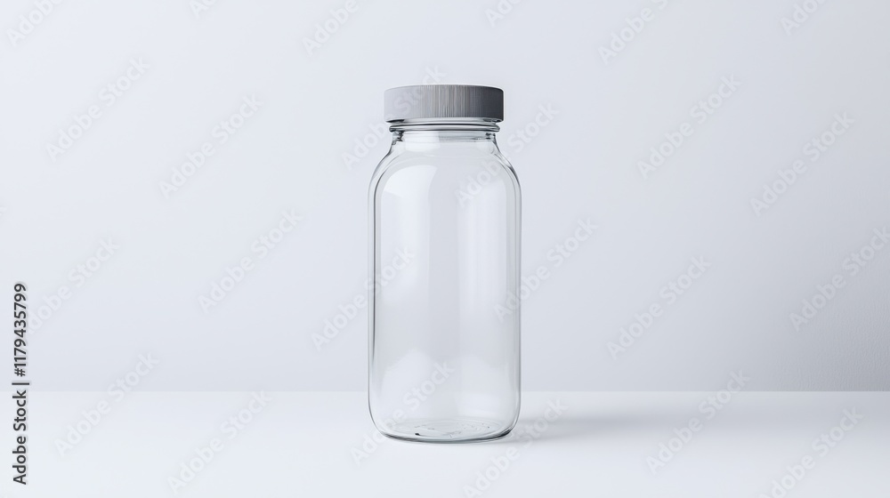 Minimalist concept for mock-up of food packaging bottle. Clear glass bottle with a silver cap on a light background Minimalist concept for mock-up of food packaging bottle. Clear glass bottle with a silver cap on a light background