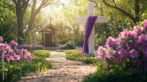 Peaceful Easter Garden with Blooming Flowers and White Cross Symbolizing Spiritual Renewal photo