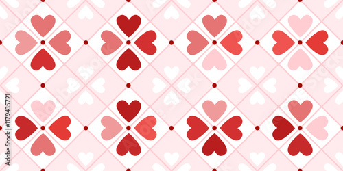 Hearts flowers tile pattern. Pink and red heart shape petals seamless vector print. Spring girly background.