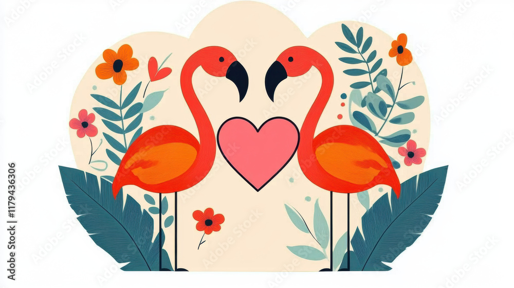 Flamingo and Heart, Valentine's Day, A vibrant image featuring flamingos holding a heart, ideal for romantic or love-themed projects, captured in high fidelity. Flamingo and Heart, Valentine's Day, A vibrant image featuring flamingos holding a heart, ideal for romantic or love-themed projects, captured in high fidelity.