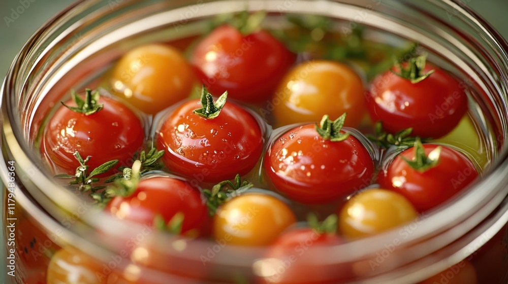 Fresh cherry tomatoes preserved in a jar with herbs for flavorful cooking and snacking. Generative AI Fresh cherry tomatoes preserved in a jar with herbs for flavorful cooking and snacking. Generative AI