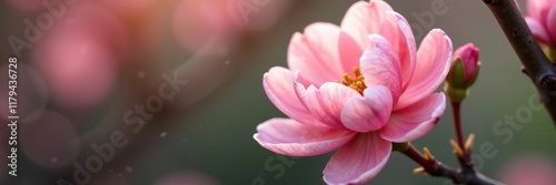 A delicate peach blossom unfurls its petals slowly, bloom, blossom, fuzzy
