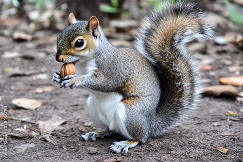 Close-Up Shot of a Squirrel Nibbling on a Nut in a Blurred Forest Floor with Natural Lighting and Raw Style for Nature and Wildlife Photography