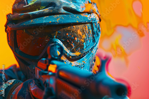 Dynamic paintball player in action with vibrant splashes of color - Generative AI artwork photo