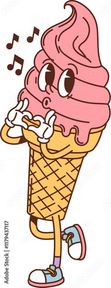 Cartoon groovy fast food ice cream cone character. Fast food frozen dessert funny personage, vanilla ice cream waffle cone cartoon groovy isolated vector character or mascot singing or whistling