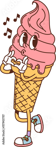 Cartoon groovy fast food ice cream cone character. Fast food frozen dessert funny personage, vanilla ice cream waffle cone cartoon groovy isolated vector character or mascot singing or whistling
