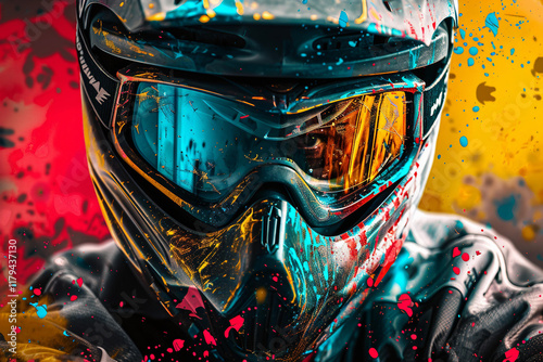 Dynamic paintball player in action with vibrant splashes of color - Generative AI artwork photo