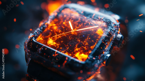 A futuristic watch encased in molten lava, showcasing a blend of technology and nature.