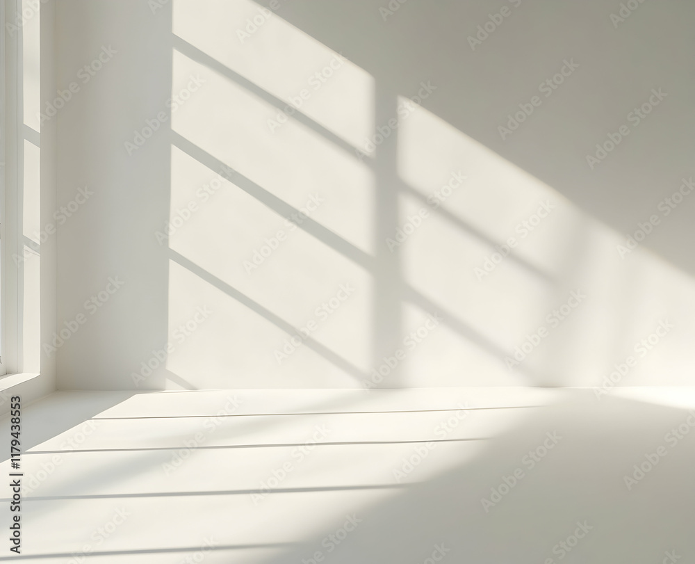 Obraz premium Minimalist Sunlit Room Captures Soothing Shadows and Tranquil Atmosphere in Soft Tones