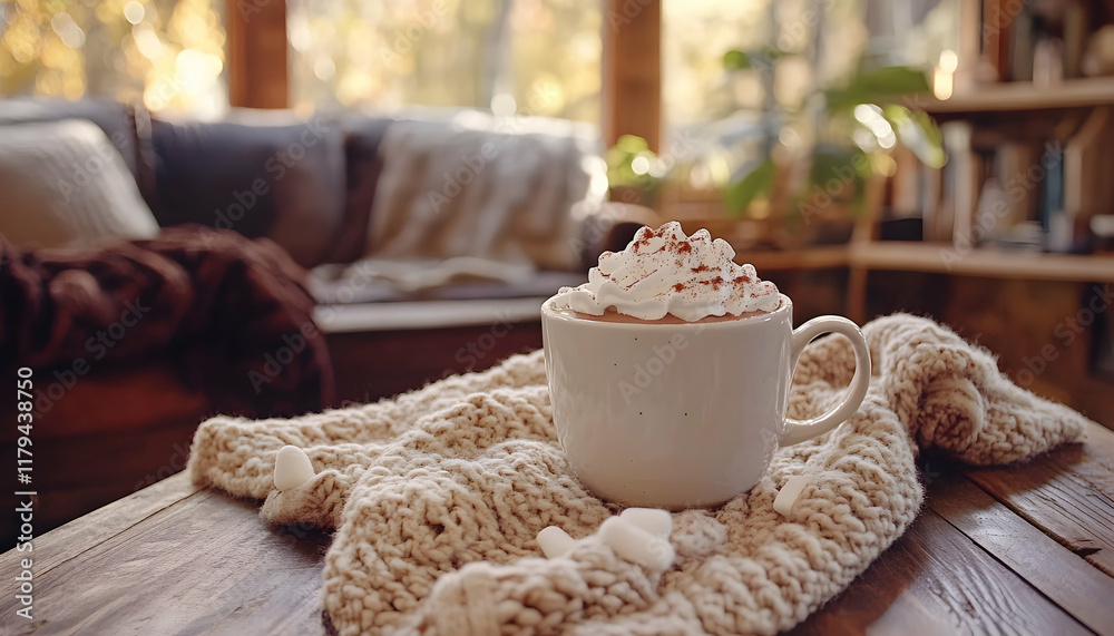 Cozy autumn scene with a mug of hot chocolate topped with whipped cream and cocoa powder, resting on a knitted sweater on a rustic wooden table. Cozy autumn scene with a mug of hot chocolate topped with whipped cream and cocoa powder, resting on a knitted sweater on a rustic wooden table.