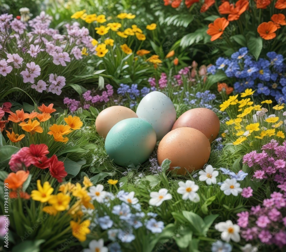 Colorful eggs nestled among vibrant spring flowers and lush greenery, colorful, eggs Colorful eggs nestled among vibrant spring flowers and lush greenery, colorful, eggs