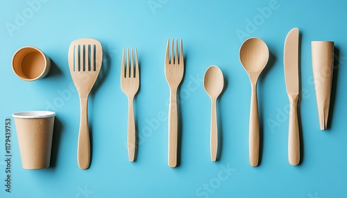 Ecofriendly disposable utensils made from wood and paper, including spoons, forks, knives, bowls, and paper cups, arranged on a blue background