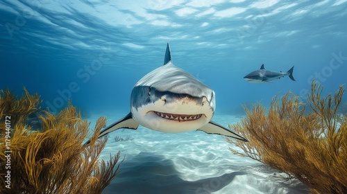 Shark underwater surrounded by sea plants. Generative AI photo