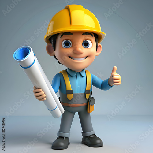A happy cartoon construction worker holds blueprints and gives a thumbs up.