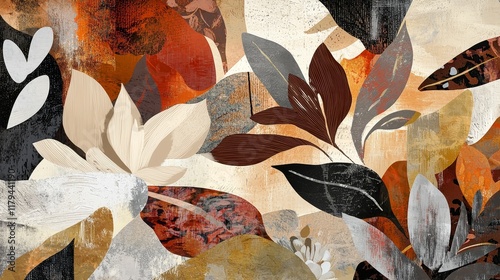 Dynamic Abstract Collage of Organic Shapes in Warm Earthy Tones and Textures