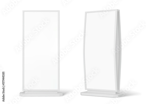 Realistic curved billboard stand display mockup for outdoor advertising, vector lightbox. Isolated white vertical advertise billboard with curved display for information board or retail stand mock up