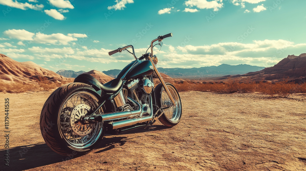 A chopper motorcycle parked in the desert A chopper motorcycle parked in the desert