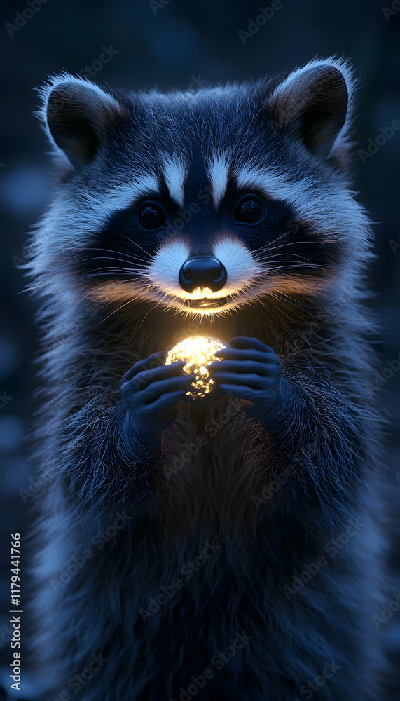 Obraz premium Adorable raccoon holding a glowing orb at night; enchanting wildlife photography with magical lighting.