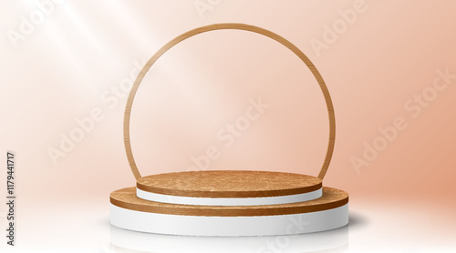 Round wooden showcase podium with frame for stage or product display, vector mockup. Exhibition podium stage or display pedestal and showcase platform background with realistic wooden arch frame