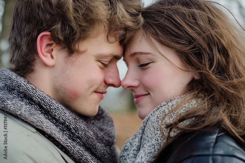 A couple lovingly nuzzles against each other, surrounded by the beauty of nature. A couple lovingly nuzzles against each other, surrounded by the beauty of nature.
