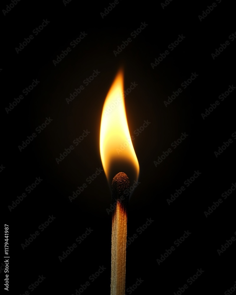 A closeup of a wooden match with a flickering, bright flame burning brightly, contrasting with the dark black background for dramatic effect