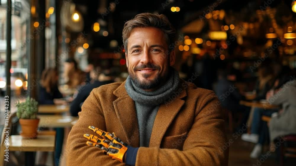 In a warmly lit cafe, a man with a prosthetic hand showcases a genuine smile, creating a welcoming atmosphere for other guests nearby. In a warmly lit cafe, a man with a prosthetic hand showcases a genuine smile, creating a welcoming atmosphere for other guests nearby.
