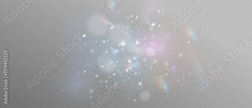 Rainbow and white dust. Bokeh light effect background png. Gorgeous Christmas glowing dust background. Beautiful Rainbow flickering glow with confetti bokeh light and crystal flare.	
