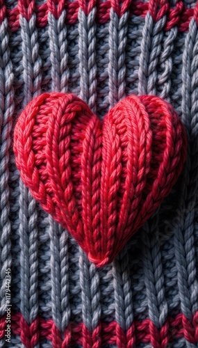 Heart-shaped knitting pattern with intricate wool yarn details, heart shaped, fiber art photo