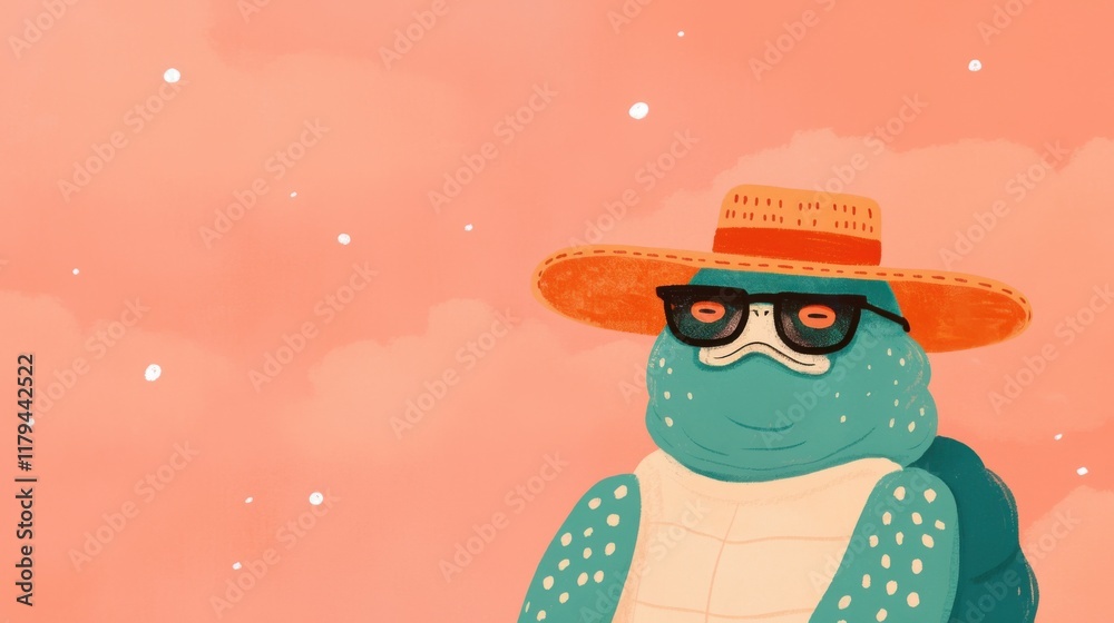 Fototapeta premium Cute hand drawn doodle of a shy quirky turtle character wearing glasses and a winter hat surrounded by snowflakes in a cozy festive winter scene Whimsical playful graphic design perfect for nature