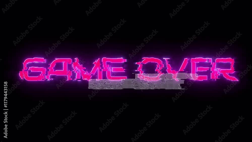 Glitch animation with ‘Game Over’ text on a transparent background, featuring a futuristic, cyberpunk design with pixelated effects, neon colors, and static noise. Perfect for gaming, streaming.