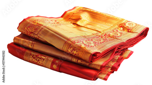 Traditional silk sarees draped elegantly, showcasing intricate designs and vibrant colors, perfect for festive occasions on transparent background photo