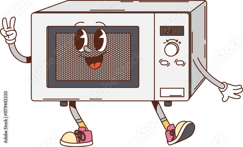 Retro groovy microwave oven cartoon character for kitchenware utensil, vector funny appliance character. Groovy microwave oven with happy smile and hippie peace gesture for kitchen appliance character