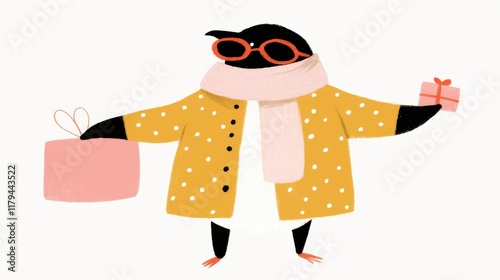 Playful and Cheerful Doodle of a Penguin Character Wearing Colorful Accessories like Glasses and Scarf and Holding a Gift in a Stylized Graphic Design photo