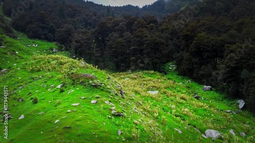 Beautiful drone shot of the mountains of Barot valley in Himachal Pradesh, india photo