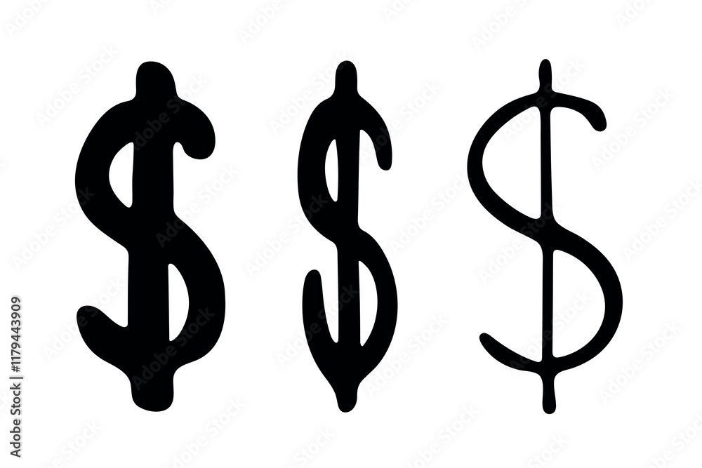 Hand drawn dollar currency symbol set Brush stroke doodle Single element for design Hand drawn dollar currency symbol set Brush stroke doodle Single element for design