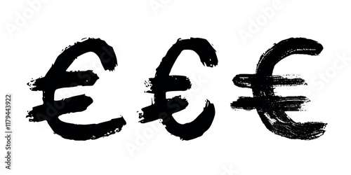 Hand drawn euro currency symbol set Brush stroke doodle Single element for design